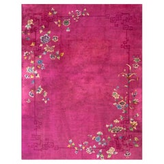 1920s Bright Pink Floral Modern Antique Chinese Deco Rug 8' 10" X 11' 6" Knotted