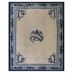 1890s Ivory Blue Open Antique Chinese Peking Dragon Carpet 10'2"x12'8" Wool Rug