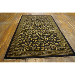 1920s Black and Gold Lotus Vine Antique Chinese Rug 6' x 9'8" Greek Key Border