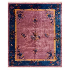 Antique Chinese Art Deco Oriental Modern Floral Purple Field 1920s Knotted Rug