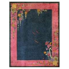 1920s Blue Navy Open Field Floral Antique Chinese Art Deco Carpet 9X11'8 Rug