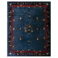 1920s Blue Vase Floral Antique Chinese Peking Rug 9' 1'' X11' 6'' Knotted Wool