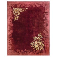 1920s Red Wine Open Field Daisies Floral Antique Chinese Art Deco Rug 9' x 11'6"