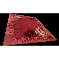 1920s Red Wine Open Field Daisies Floral Antique Chinese Art Deco Rug 9' x 11'6"