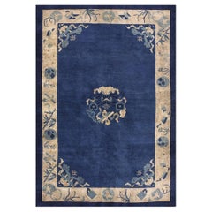 1900s Solid Open Blue Field Antique Chinese Floral Medallion Pattern Peking Rug