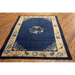 1900s Solid Open Blue Field Antique Chinese Floral Medallion Pattern Peking Rug