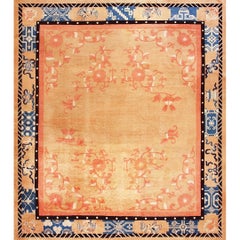 1890s Antique Warm Solid Open Field Bird Chinese Peking Knotted Room Size Rug