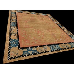 1890s Antique Warm Solid Open Field Bird Chinese Peking Knotted Room Size Rug