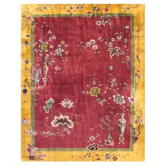 1920s Red Classic Flora Antique Chinese Art Deco Carpet Rug by Nichols Workshop