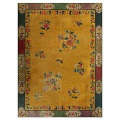1920s Yellow Florid Antique Chinese Art Deco Carpet 7'2" X 9'10" Handknotted Rug
