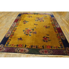 1920s Yellow Florid Antique Chinese Art Deco Carpet 7'2" X 9'10" Handknotted Rug