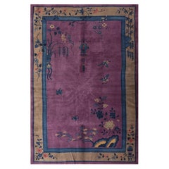 1920s Purple Floral Antique Chinese Art Deco Carpet 6'2"x8'9" Knotted Wool Rug