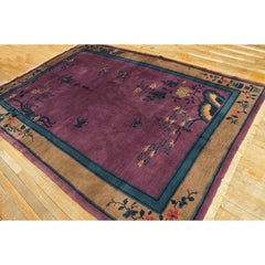 1920s Purple Floral Antique Chinese Art Deco Carpet 6'2"x8'9" Knotted Wool Rug
