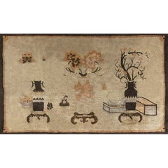 1920s Beige Vase Floral Antique Chinese Baotou Scholars Carpet Knotted Small Rug