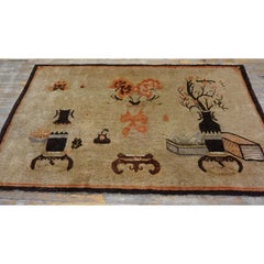 1920s Beige Vase Floral Antique Chinese Baotou Scholars Carpet Knotted Small Rug