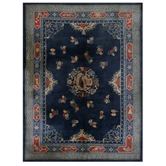 1920s Navy Dragon Classic Greek Key Antique Chinese Peking Wool Rug 7' 3"x 9' 8"
