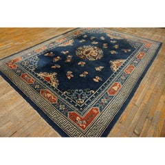 1920s Navy Dragon Classic Greek Key Antique Chinese Peking Wool Rug 7' 3"x 9' 8"