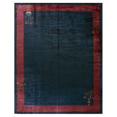 1920s Solid Blue Open Field Antique Chinese Art Deco Knotted Rug 11' 2" x 14' 2"