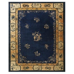 1920s Blue Navy Vase Floral Antique Chinese Peking Carpet 9'2" X 11'6" Rug