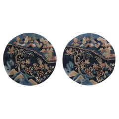 1920s Blue Birds Art Deco Pair of Chinese Peking Carpets 2'x2' Knotted Wool Rugs