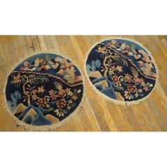 1920s Blue Birds Art Deco Pair of Chinese Peking Carpets 2'x2' Knotted Wool Rugs