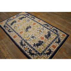 1920s Ivory Navy Blue Colorful Antique Chinese Silk Carpet 4' x 7' Foo Dog Rug