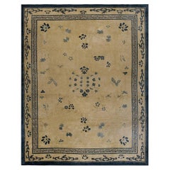 1900s Beige Foliate Greek Key Deco Antique Chinese Peking Wool Rug 8'4" x 10'2"