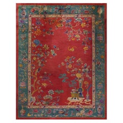 1920s Red Rust Floral Antique Chinese Art Deco Rug 9'x11' 8'' Woven Wool Carpet