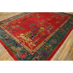 1920s Red Rust Floral Antique Chinese Art Deco Rug 9'x11' 8'' Woven Wool Carpet