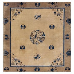 1920s Beige Field Art Deco Style Antique Chinese Peking Rug 9' x 9'6" Square
