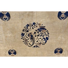 1920s Beige Field Art Deco Style Antique Chinese Peking Rug 9' x 9'6" Square