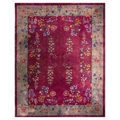 1920s Ruby Red Floral Vase Antique Chinese Art Deco Knotted Wool Rug 9' X 11'9"