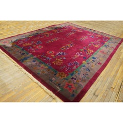 1920s Ruby Red Floral Vase Antique Chinese Art Deco Knotted Wool Rug 9' X 11'9"