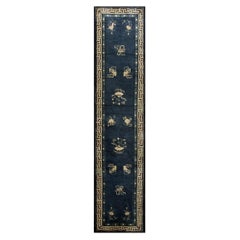 1900s Navy Classic Greek Key Antique Chinese Peking Hallway Runner Rug 4'x 18'4"