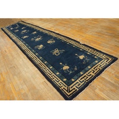 1900s Navy Classic Greek Key Antique Chinese Peking Hallway Runner Rug 4'x 18'4"
