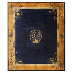 1920s Navy Vase Medallion Antique Chinese Art Deco Peking Wool Rug 9'3" x 11'3"