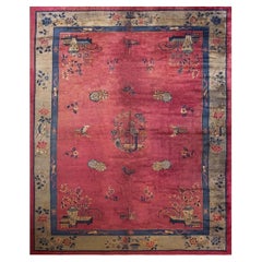 1920s Traditional Floral Vase Pink Field Antique Chinese Peking Carpet 11' x 14'