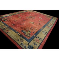1920s Traditional Floral Vase Pink Field Antique Chinese Peking Carpet 11' x 14'