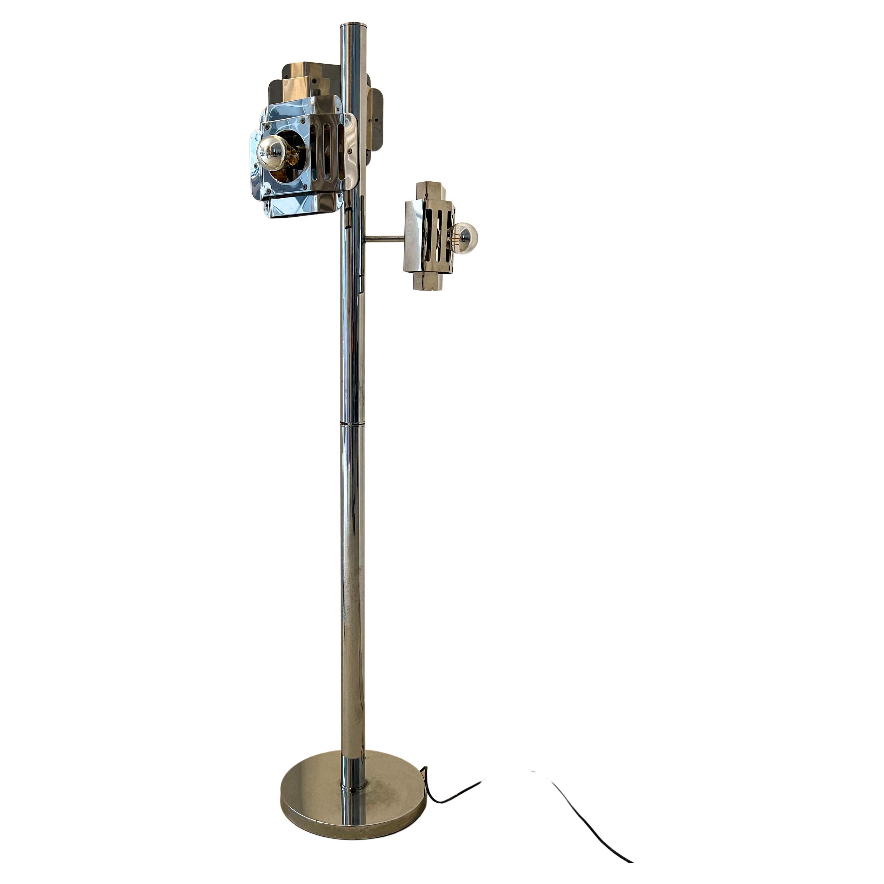 Vintage Italian Spage Age Floor Lamp in Chromed Metal, with Elaborate Shades For Sale