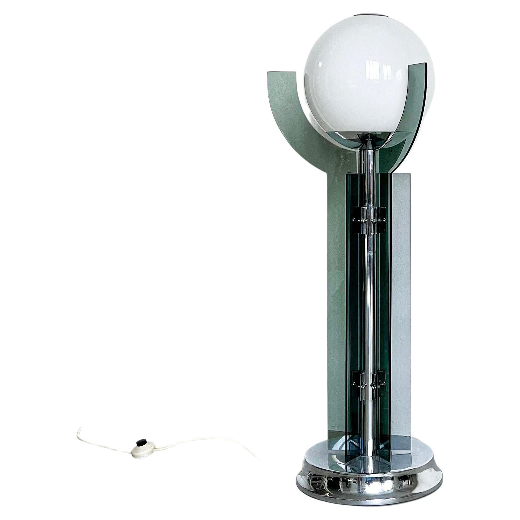 Vintage Italian Chromed Floor Lamp with Opaline Ball and Smoked Glass Blades For Sale