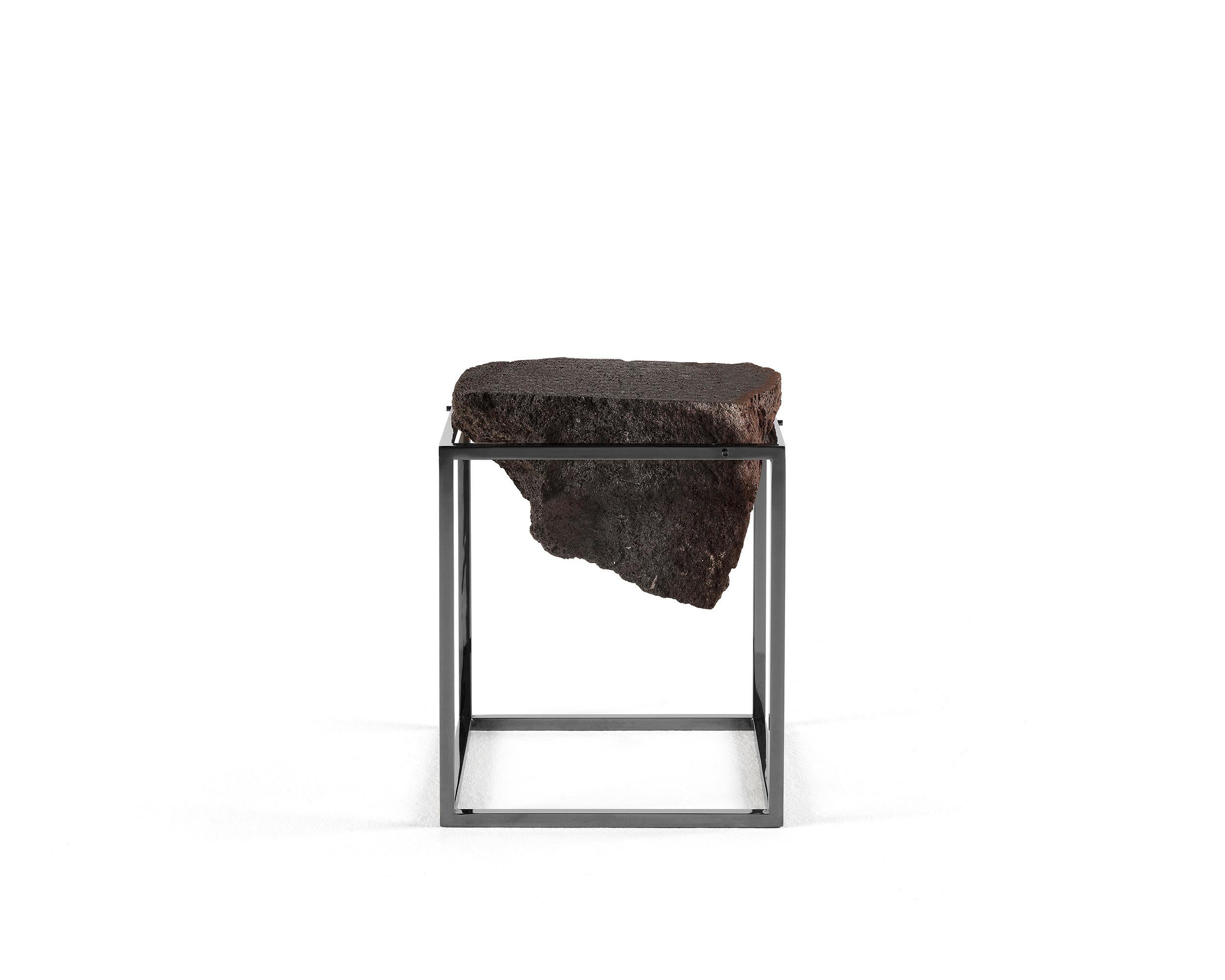 For Sale: Black (Chrome Black) 21st Century Antivol Small Side Table in Brass and Natural Lava Stone by CTRLZAK 2