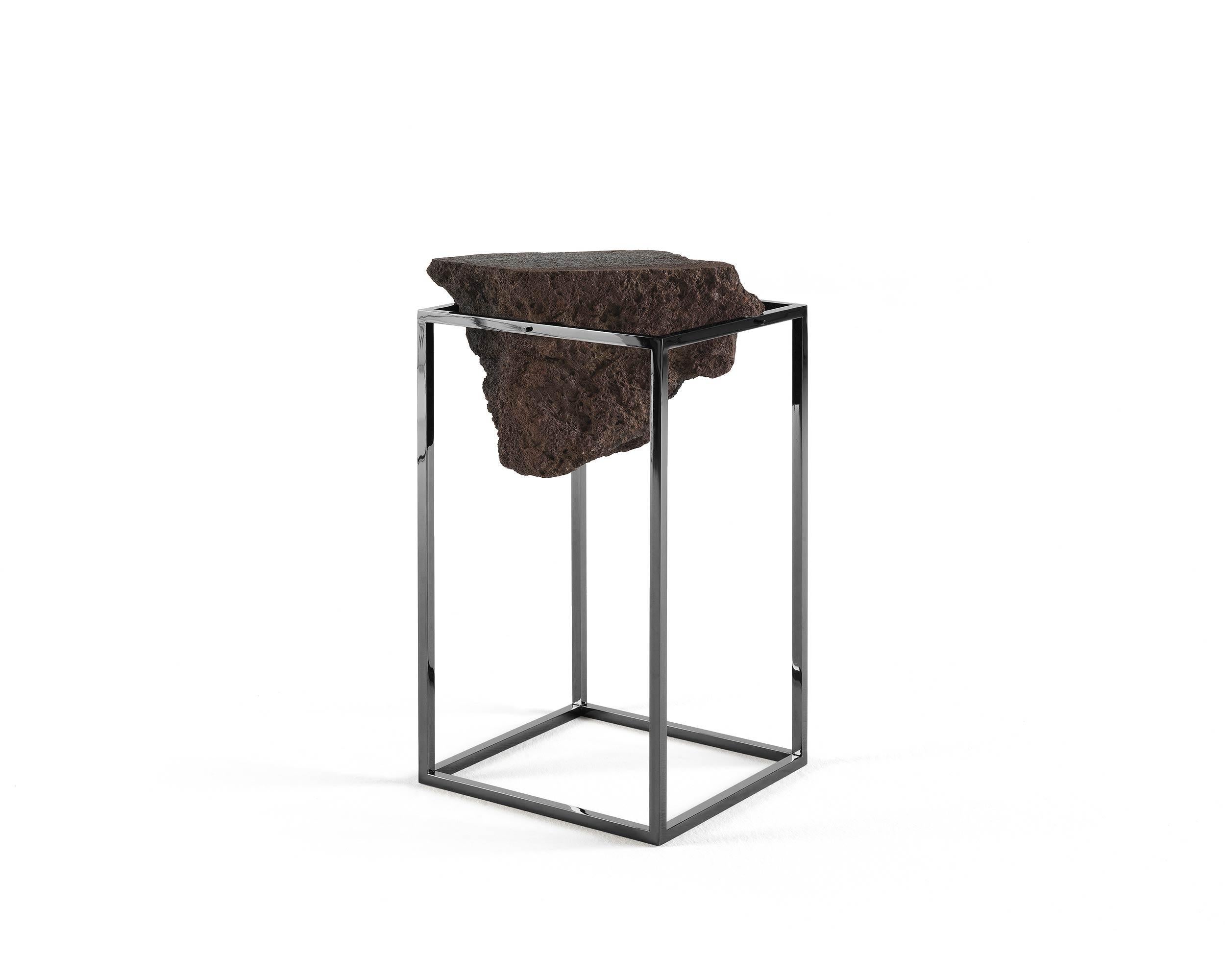 For Sale: Black (Chrome Black) 21st Century Antivol Large Side Table in Brass and Natural Lava Stone by CTRLZAK 2