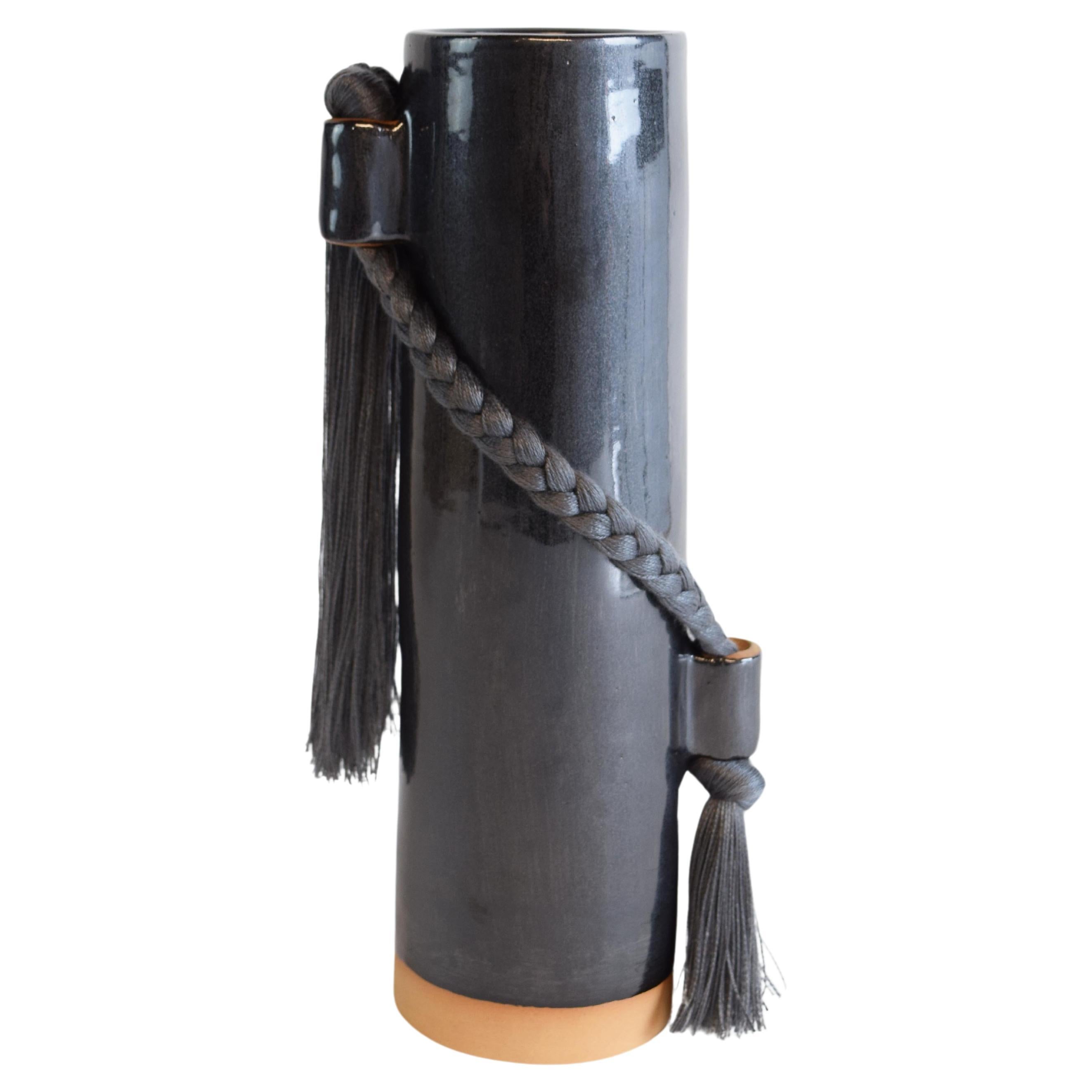 Handmade Ceramic Vase #695 in Black with Charcoal Tencel Braid and Fringe For Sale