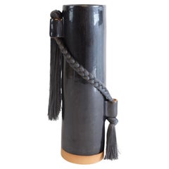 Handmade Ceramic Vase #695 in Black with Charcoal Tencel Braid and Fringe