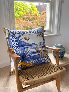 Large Vintage French Cartier Panther Bracelet Silk Scarf Blue Irish Linen Pillow