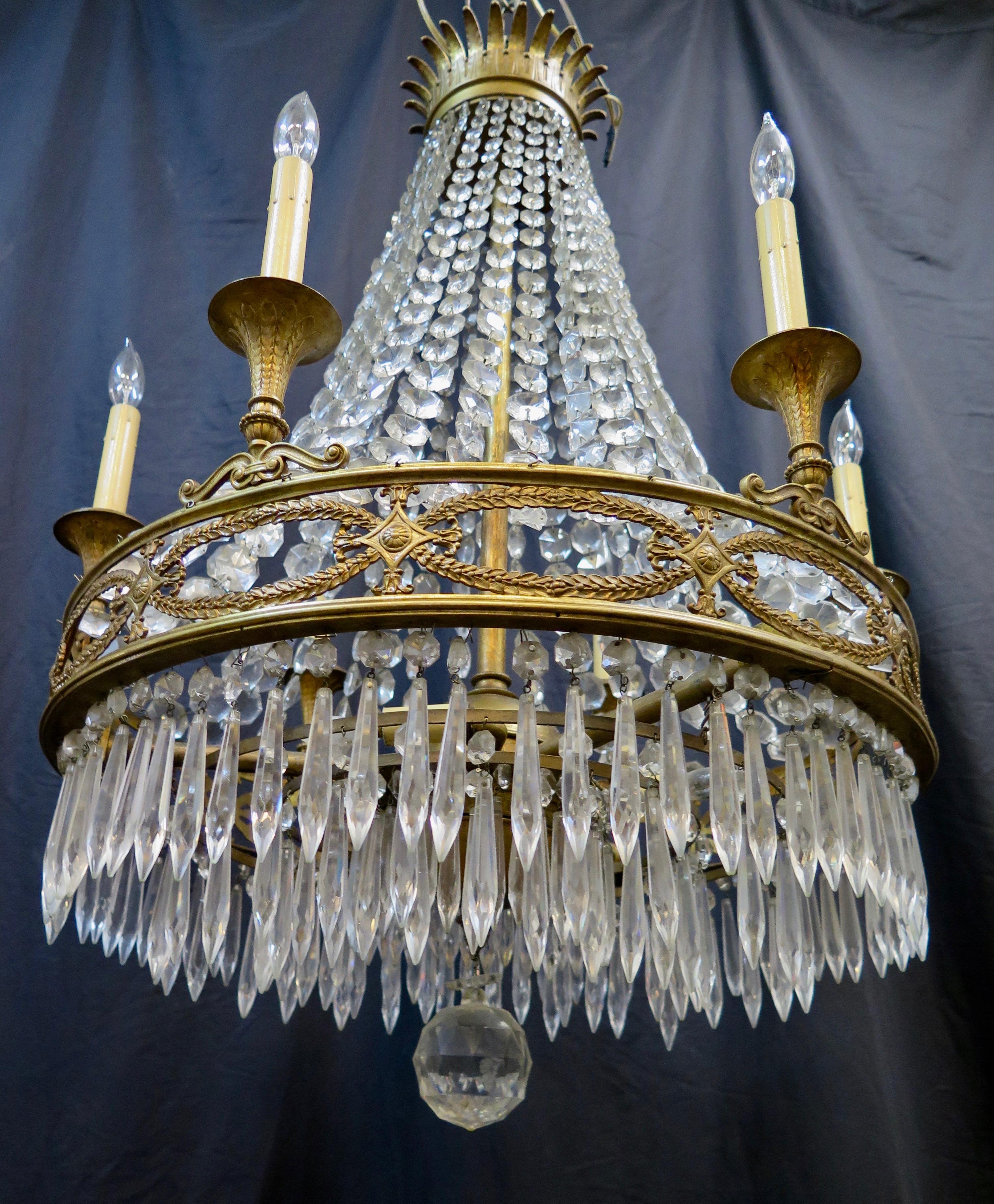 Vintage Antique French Gilt Bronze and Crystal Chandelier For Sale 2