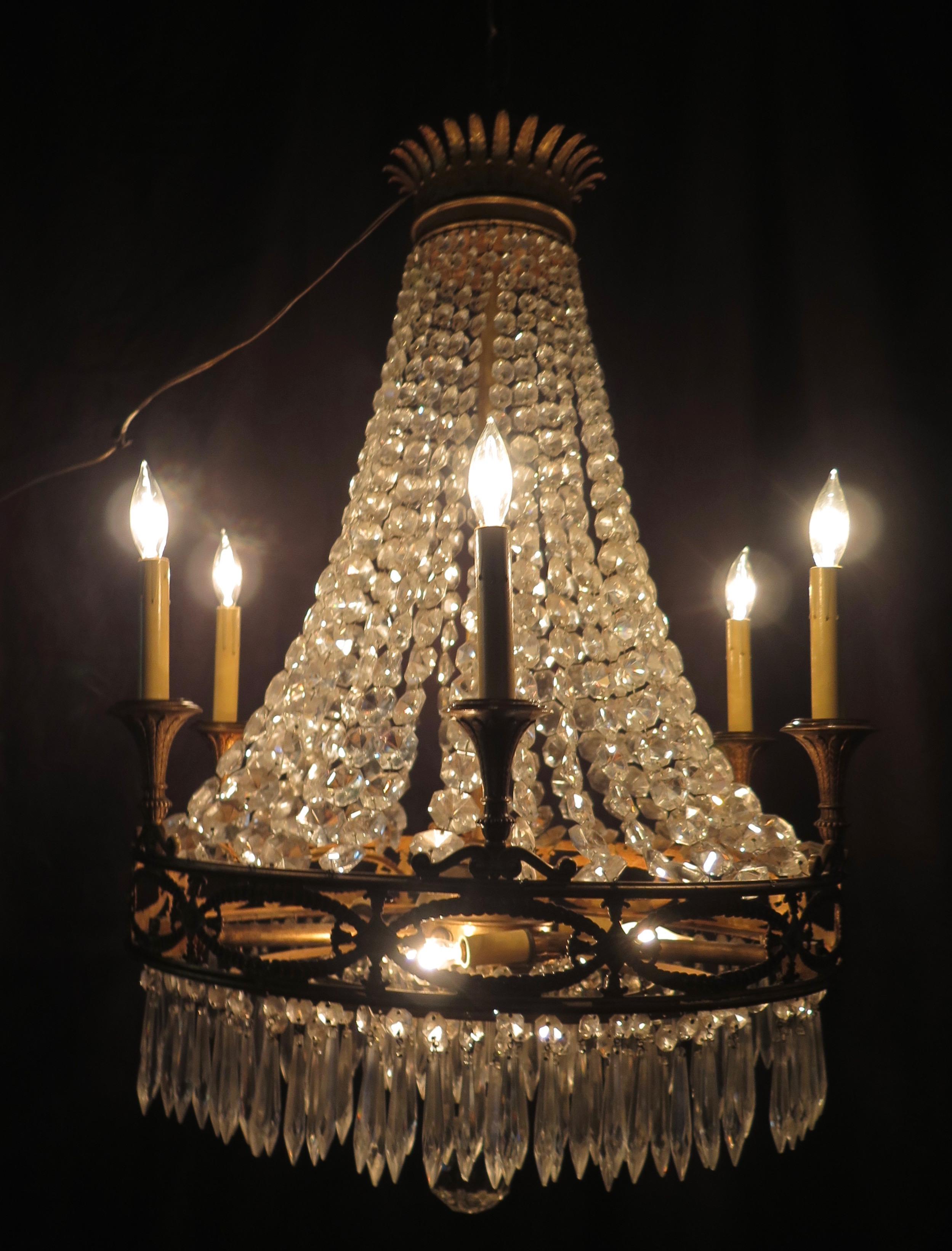 Vintage Antique French Gilt Bronze and Crystal Chandelier For Sale 5