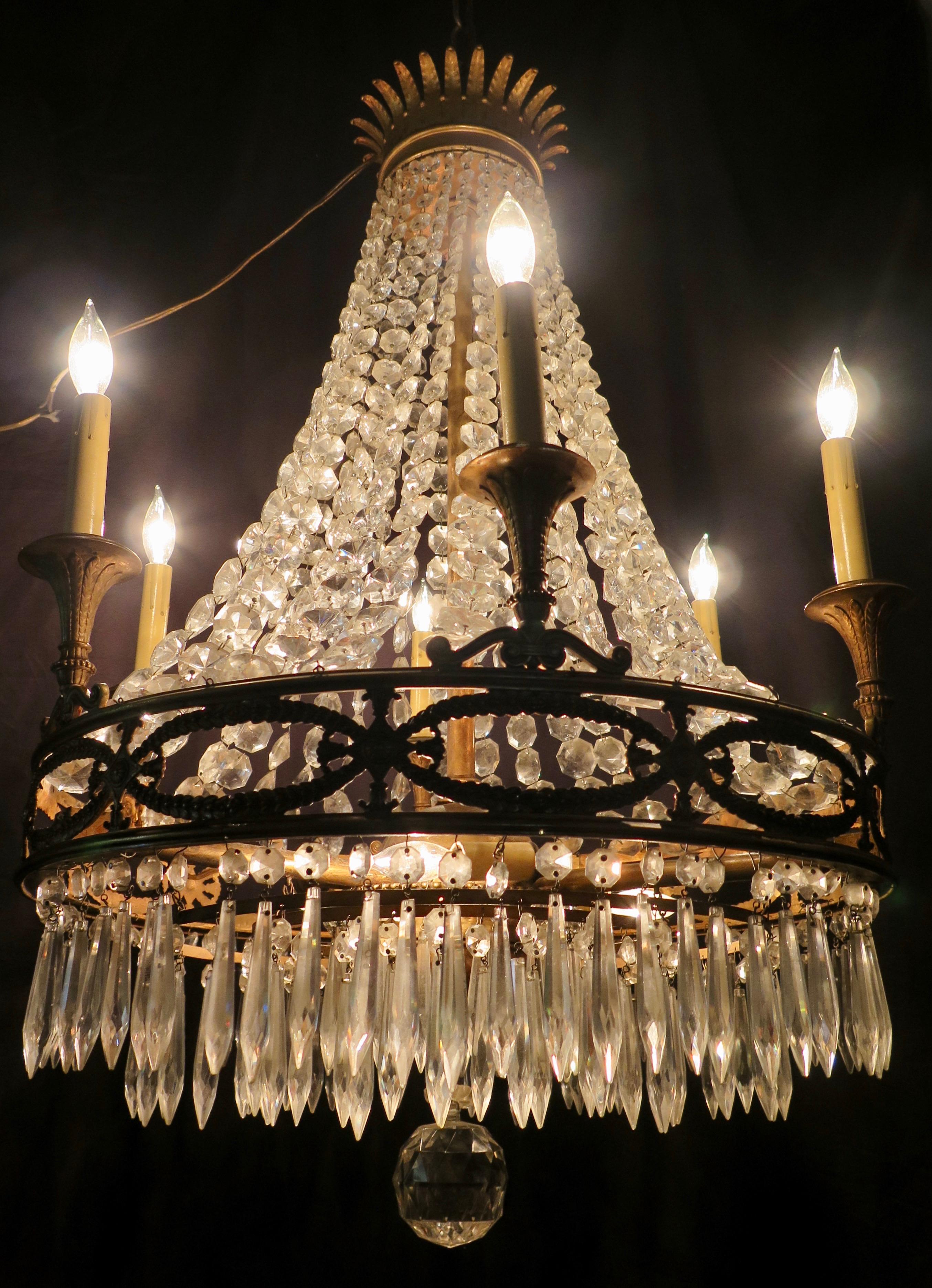 Vintage Antique French Gilt Bronze and Crystal Chandelier For Sale 8