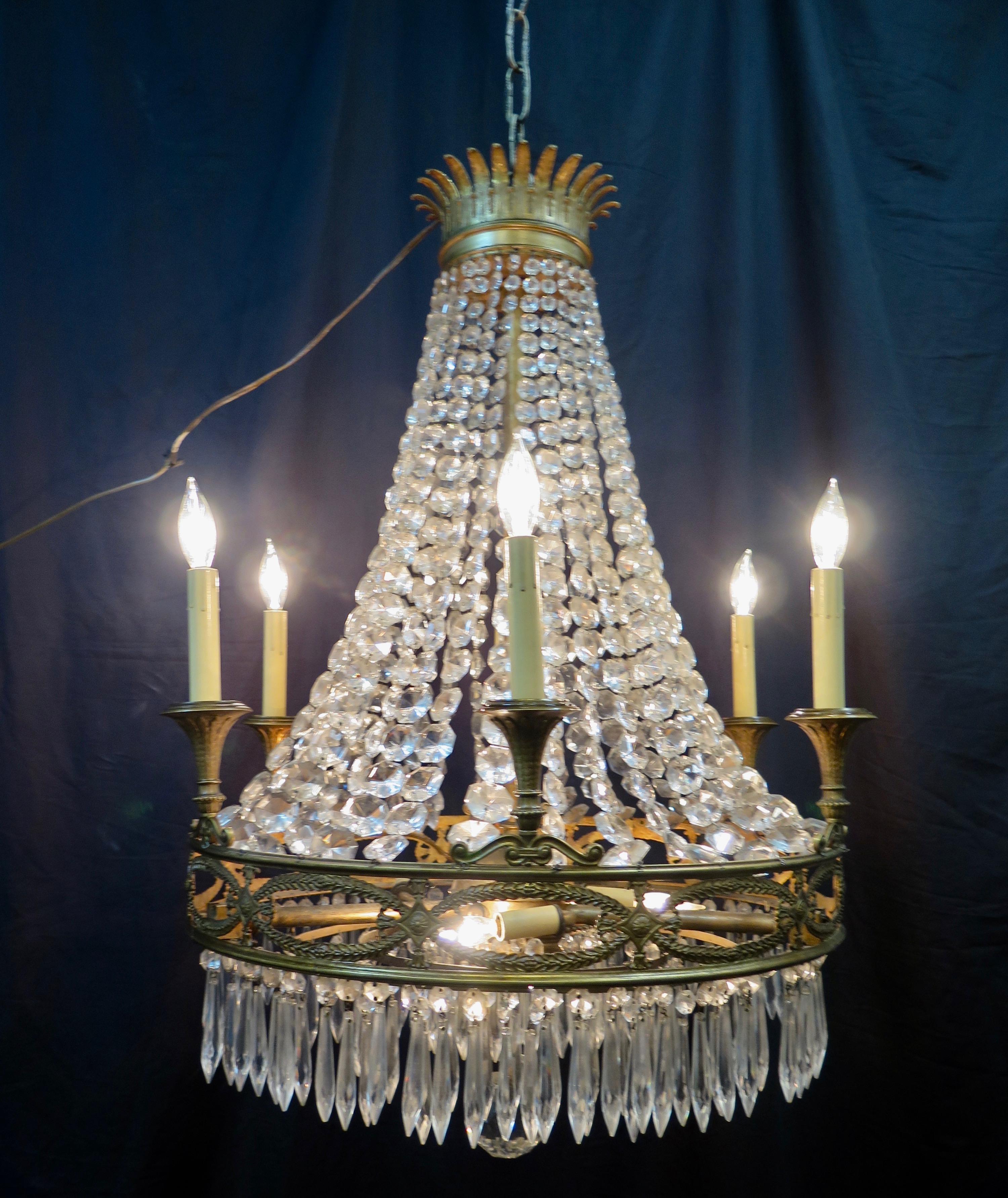 Vintage Antique French Gilt Bronze and Crystal Chandelier For Sale 10