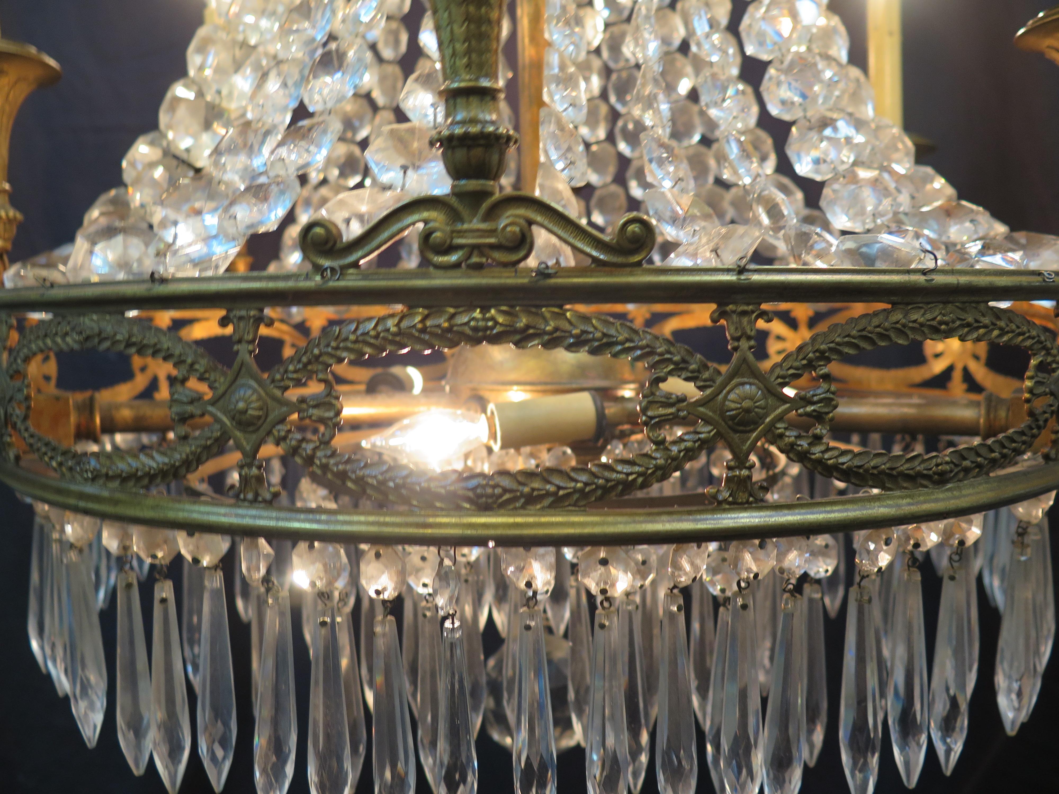 Vintage Antique French Gilt Bronze and Crystal Chandelier For Sale 11